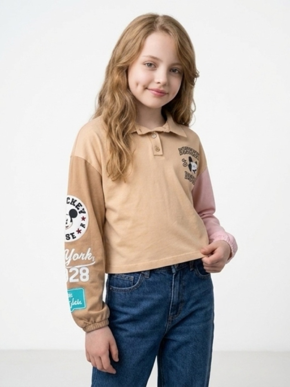 Disney Zara Mickey Colorblock Kids Polo Shirt - Beige & Pink